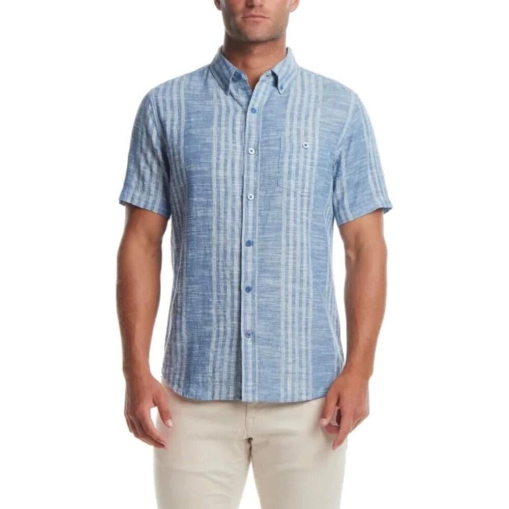 NEW Weatherproof Vintage Linen Blend Men's L Blue Striped Short Sleeve Shirt